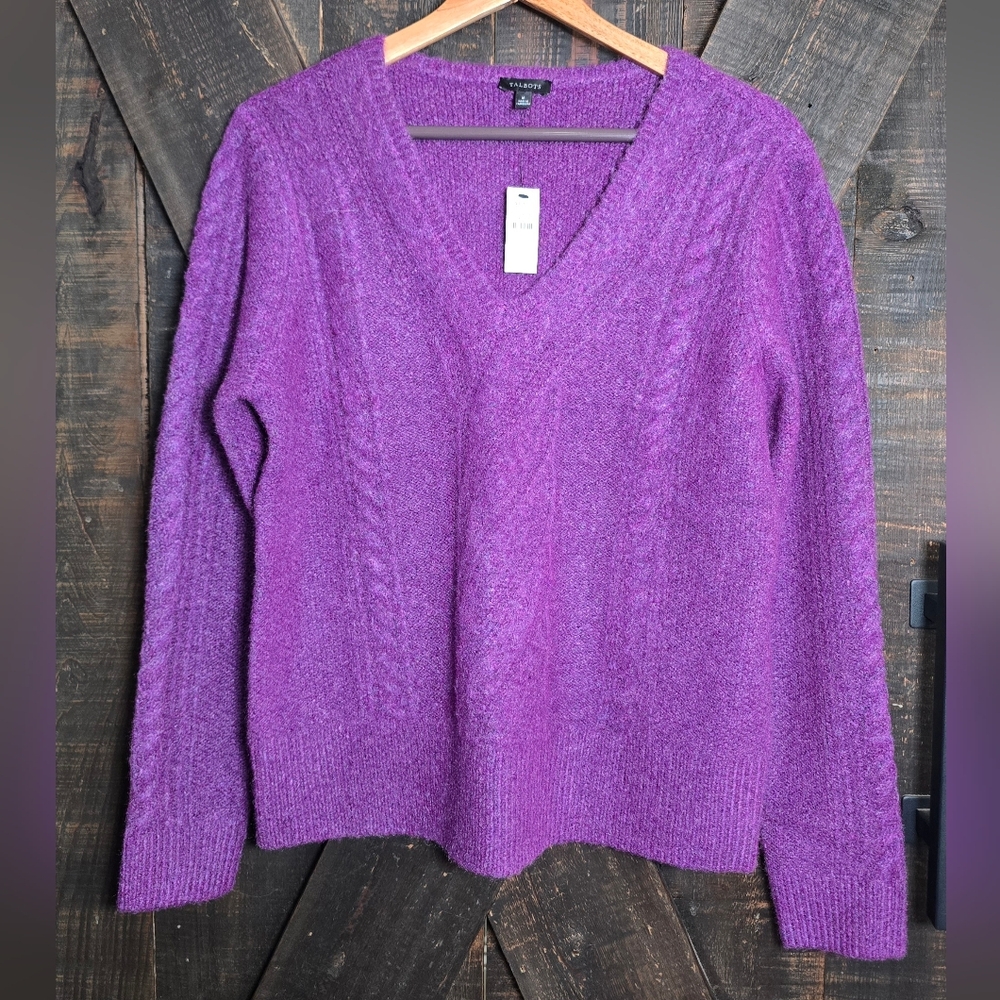 Talbots Bold Purple V-Neck Cable Knit Wool Blend Sweater Medium NWT